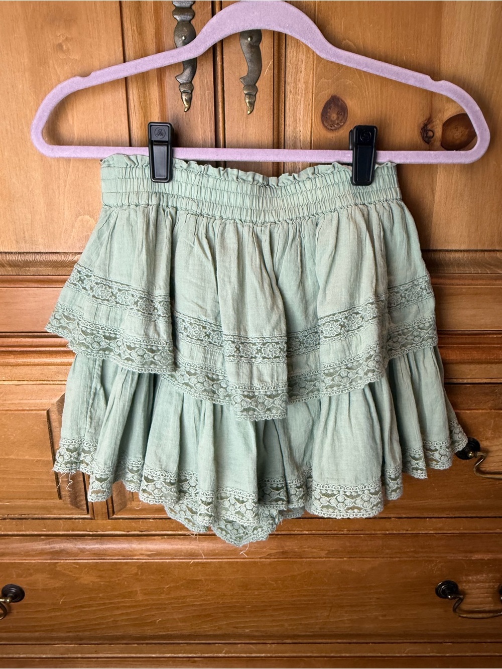American Eagle Tiered Lace Trim Mini Skort in Sage Green